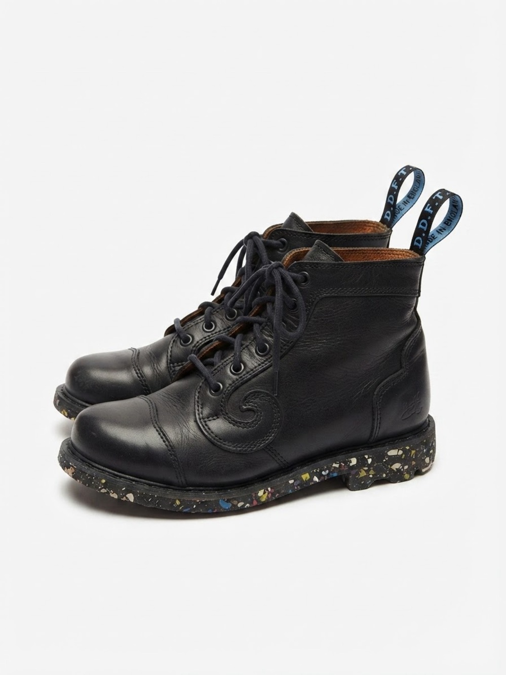 John Fluevog 7th Heaven Black Leather Derby Swirl 5-eye Boots - Size 7.5 (Est.)